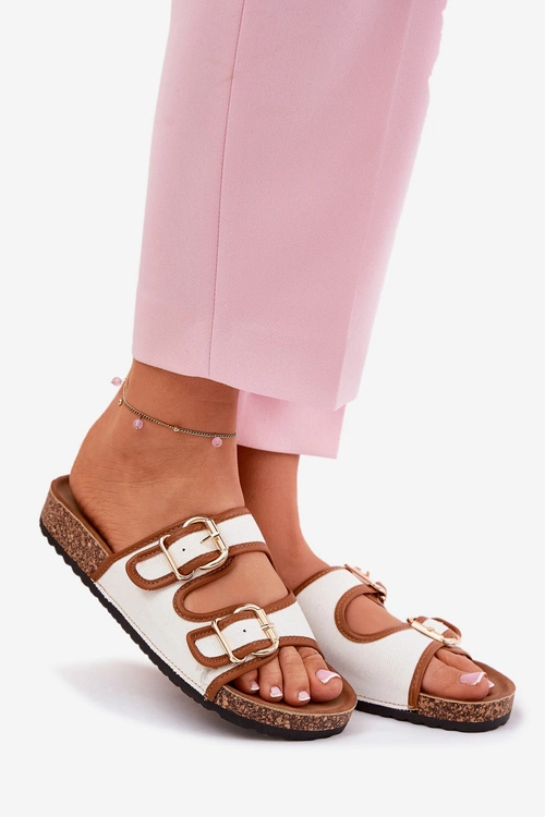 Materiałowe Klapki Damskie Na Korkowej Platformie Z Klamrami Białe Osoffe