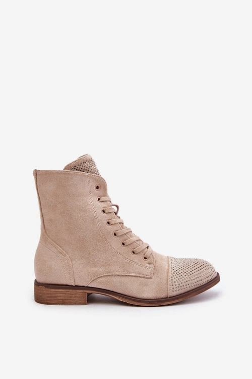 Zdobione Botki Na Płaskim Obcasie Eko Zamszowe Ocieplane Jasnobeżowe Ellieo