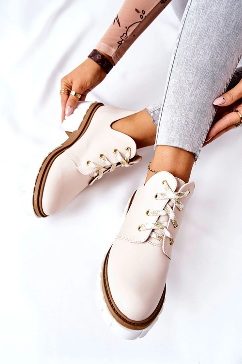 Skórzane Botki Z Wycięciem Wiązane Beżowe Kaxo