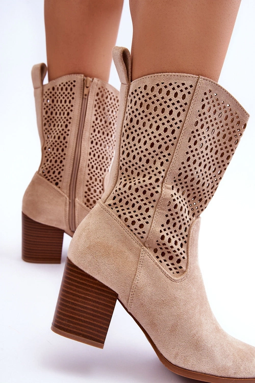 Damskie Wysokie Zamszowe Botki Kowbojki Beżowe Turner