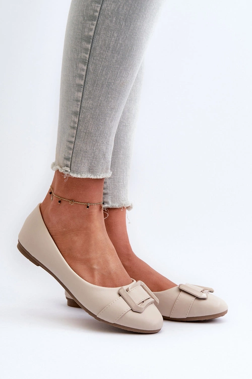 Baleriny Z Paskiem I Ozdobą Eko Skórzane Jasnobeżowe Cadwenla