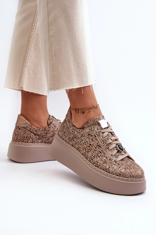 Skórzane Buty Sportowe Na Platformie Maciejka 06191-10 Beżowe