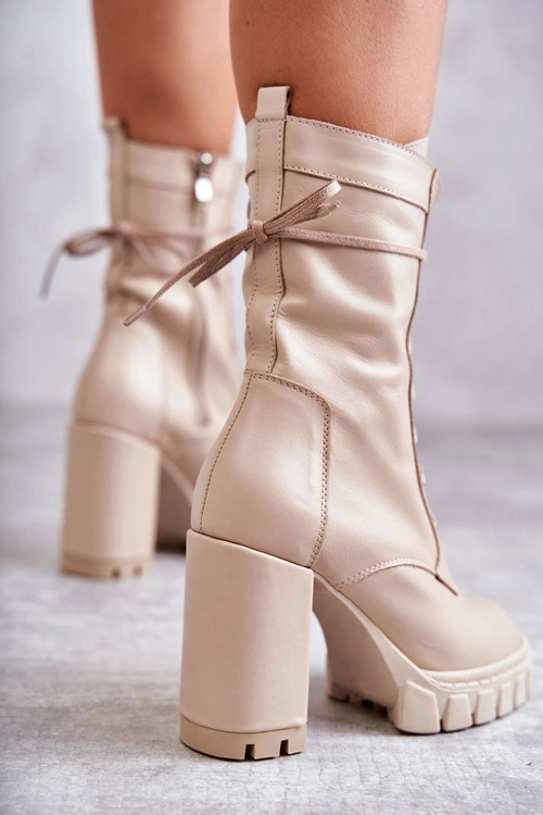 Damskie Skórzane Botki Na Platformie Beżowe Edna