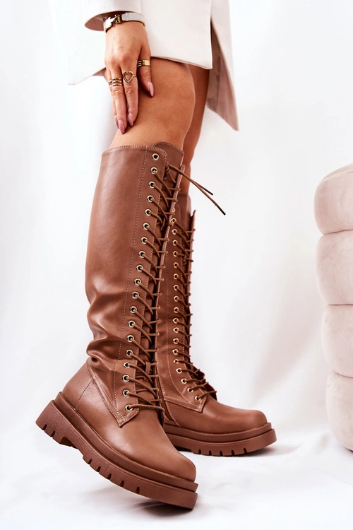 Wysokie Ocieplane Wiązane Kozaki Camel Kannies