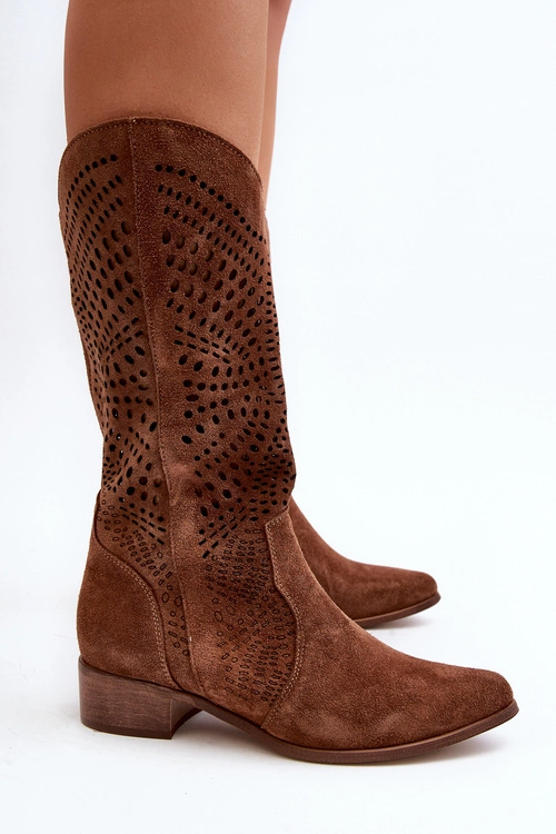 Zazoo 3305/P Zamszowe Kozaki Do Połowy Łydki Ażurowe Brązowe