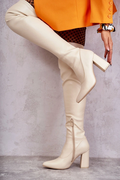 Skórzane Wysokie Kozaki Na Obcasie Beżowe Casto