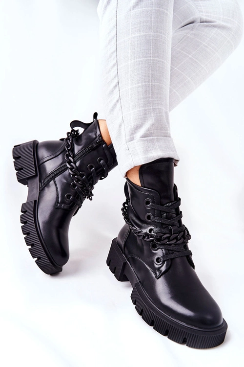 Skórzane Botki Workery Czarne Izzy