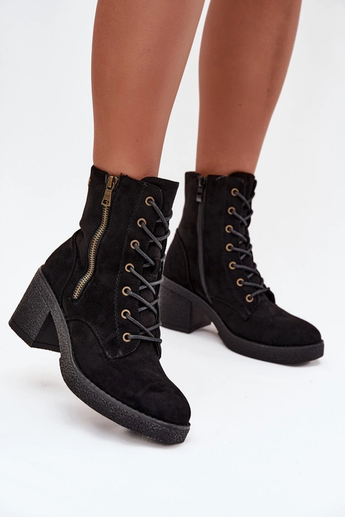 Ocieplane Botki Damskie Ze Sznurowaniem I Suwakami Czarne Paressa