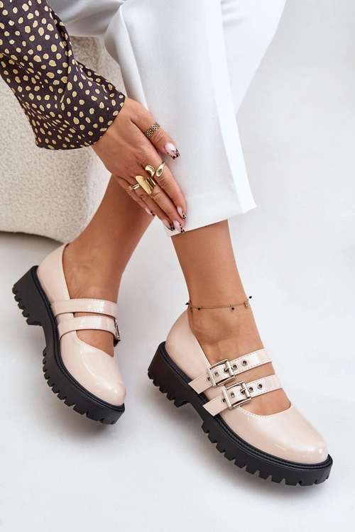 Półbuty Damskie Z Paskami Lakierowane Beżowe Terione