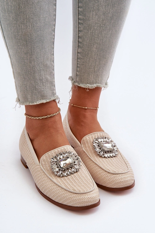 Mokasyny Damskie Na Płaskim Obcasie Z Broszką Beżowe D&A MR38-676