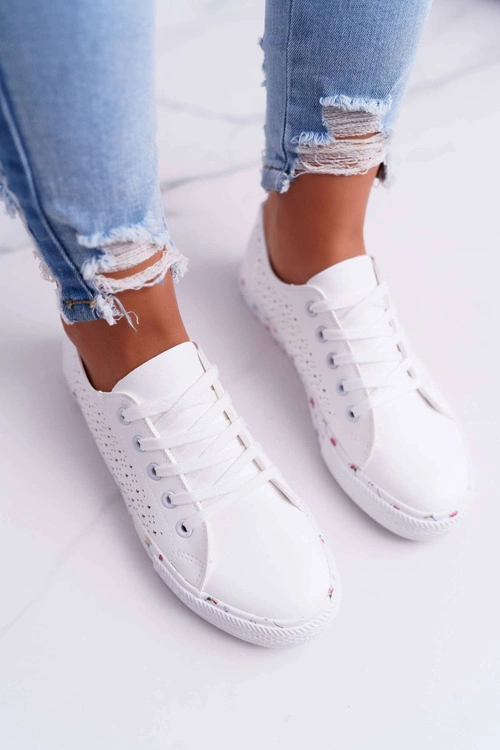 Damskie Trampki W Kwiaty Ażurowe Białe Loriann