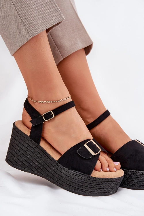 Sandały Damskie Na Koturnie Z Klamrą Czarne Liniella