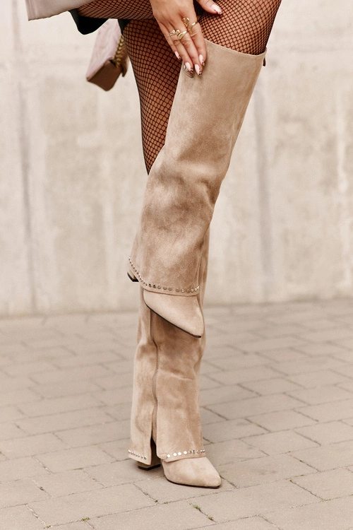 Kozaki Damskie Z Wywiniętą Cholewką Na Słupku Beżowe Kaithena