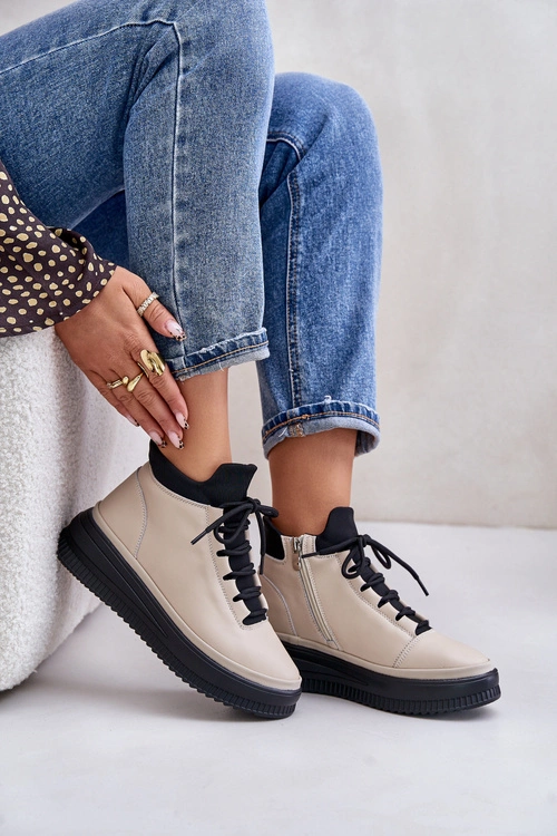 Lekkie Skórzane Buty Sportowe Na Platformie Artiker 55C0554 Beżowe