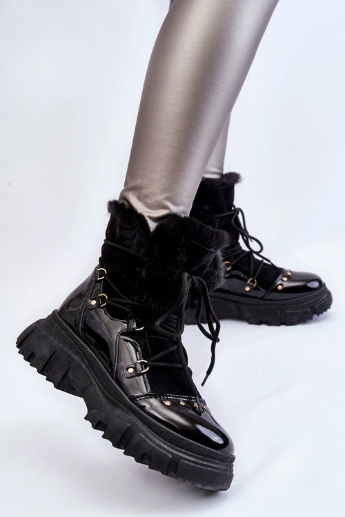 Damskie Botki Z Futerkiem Sznurowane Czarne Merron
