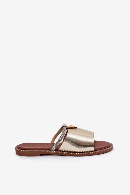 Eko Skórzane Klapki Na Płaskim Obcasie Z Ozdobnym Paseczkiem Złote Hirtewi