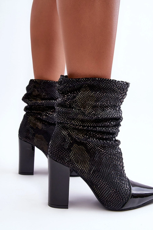 Marszczone Wężowe Botki Na Obcasie Czarne Casima