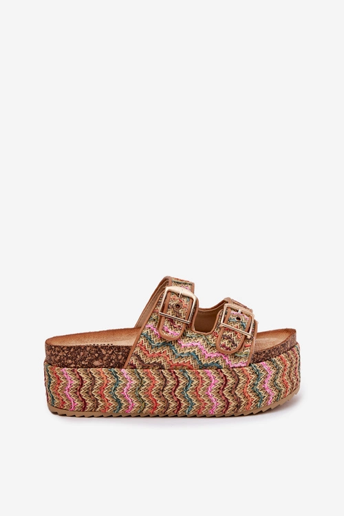 Klapki Damskie Na Masywnej Platformie Z Plecionką I Klamrami Multikolor Eradriana