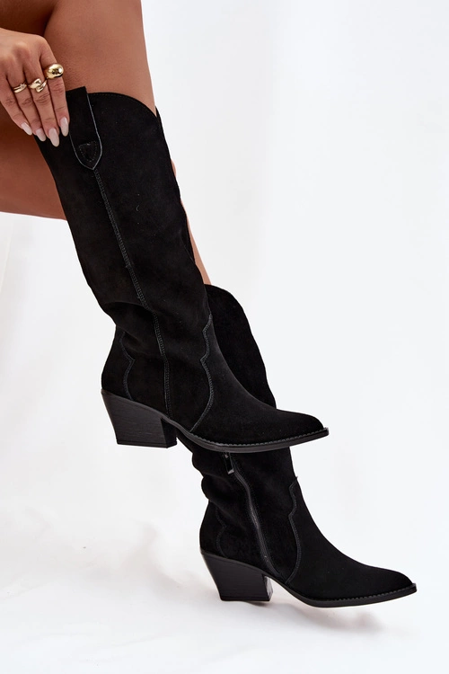 Skórzane Zamszowe Kozaki Kowbojki Damskie Ocieplane Czarne Urselle