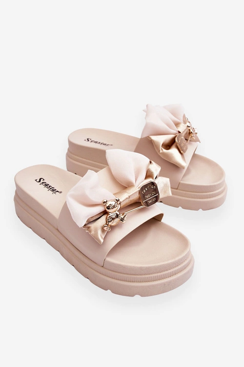 Klapki Z Kokardą I Ozdobnym Misiem Beżowe Suzy