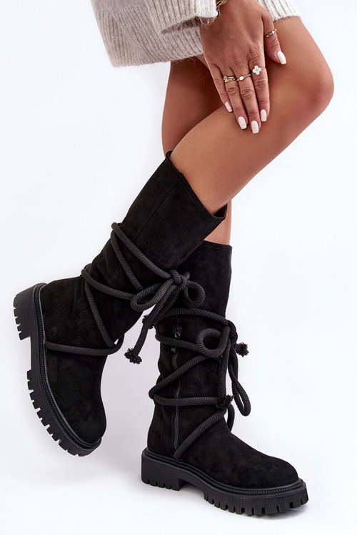 Zamszowe Kozaki Damskie Z Wiązaniem Czarne Tanive
