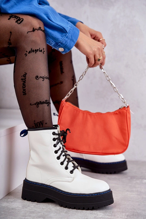 Damskie Wiązane Botki Glany Białe Callie