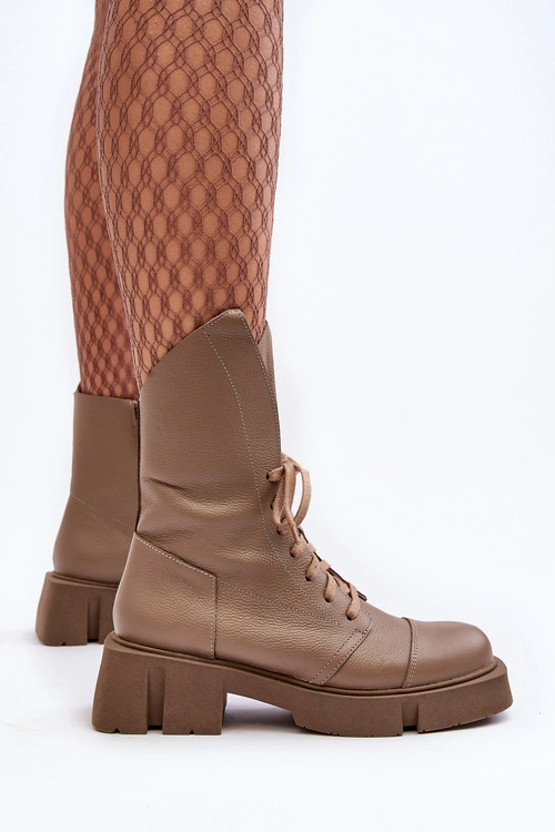 Damskie Skórzane Botki Workery Na Masywnym Płaskim Obcasie Zazoo 976A Ciemnobeżowe