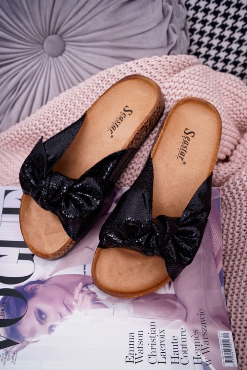 Klapki Na Korku z Kokardą Czarne Metalics