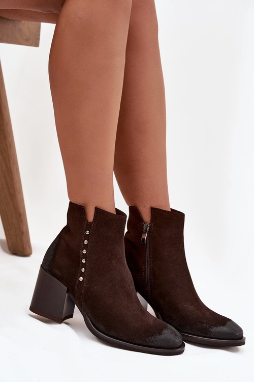 Botki Damskie Z Naturalnego Zamszu Na Słupku Zazoo 1136 Czekoladowe