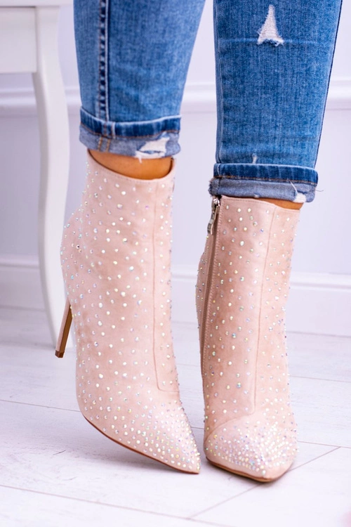 Lu Boo Beżowe Wysokie Zamszowe Botki na Szpilce Cyrkonie Cubano