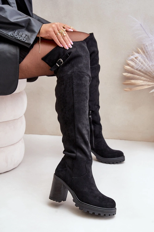 Kozaki Na Słupku Z Cholewką Za Kolano Ocieplane Czarne Niaviera