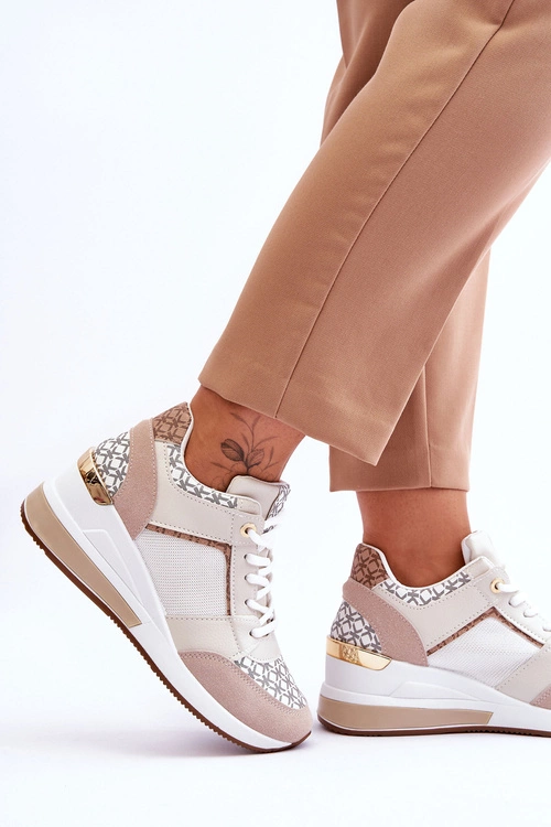 Damskie Sneakersy Buty Sportowe Na Koturnie Biało-Beżowe Nomera