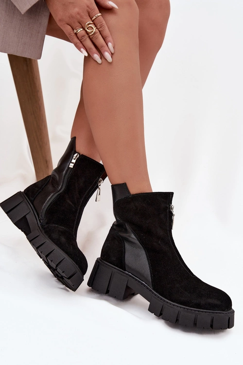 Botki Damskie Z Naturalnego Zamszu Ocieplane D&A JC52-874 Czarne