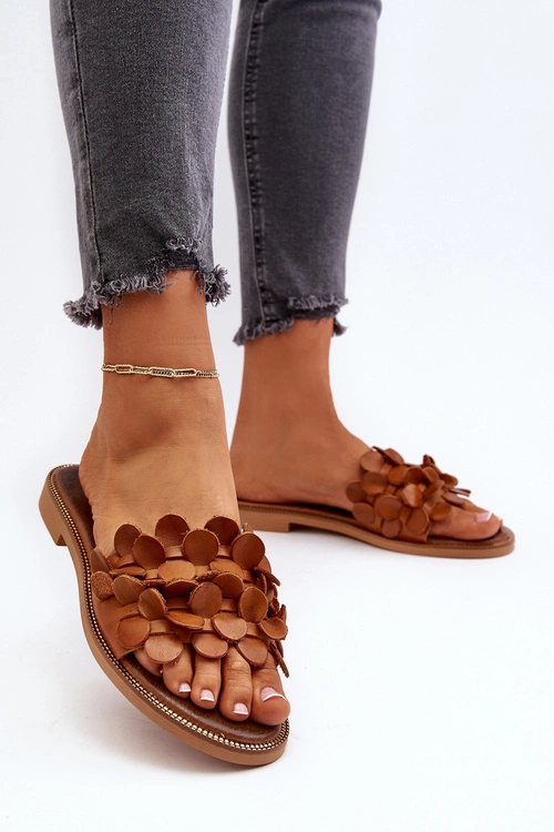 Zazoo 40381 Damskie Skórzane Klapki Na Płaskim Obcasie Brązowe