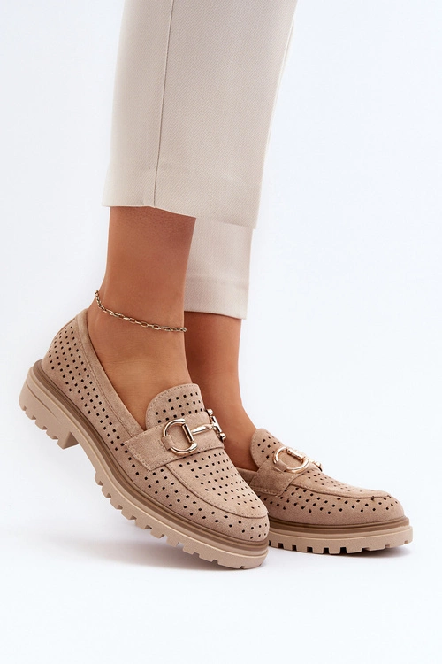 Mokasyny Damskie Ażurowe Z Ozdobą Beżowe Talesse