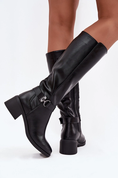 Ocieplane Kozaki Damskie Na Klocku Z Paskiem Sergio Leone KZ25826 Czarne