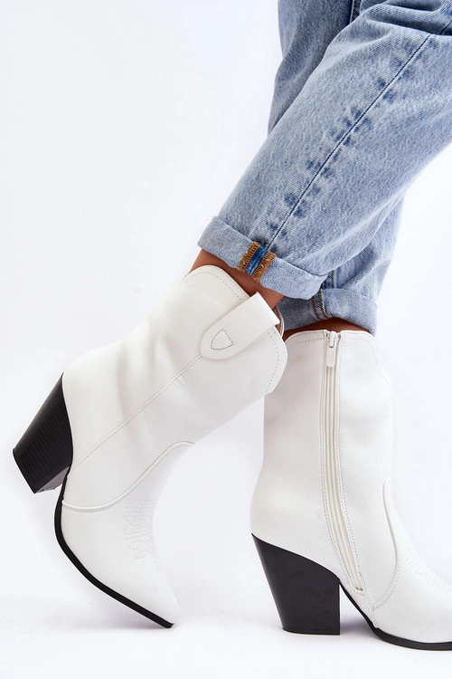 Damskie Botki Kowbojki Na Obcasie Białe Melaitia