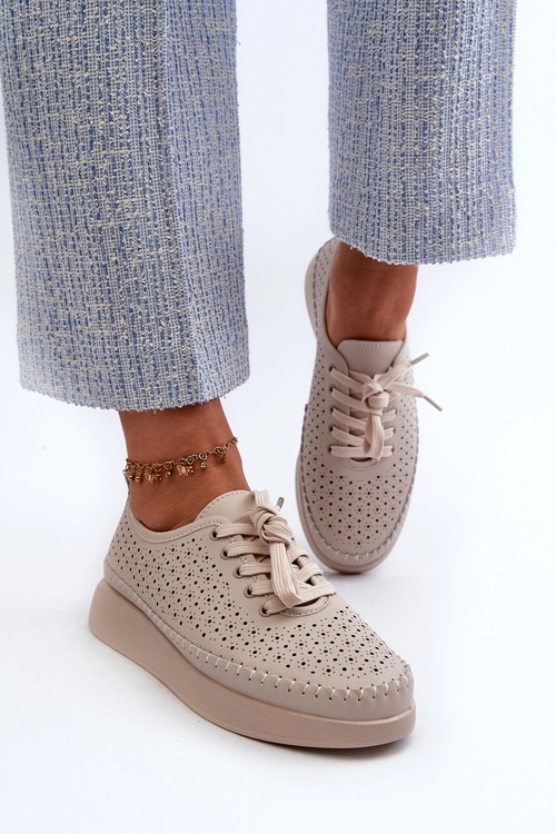 Skórzane Sneakersy Na Platformie S.Barski LR278 Beżowe