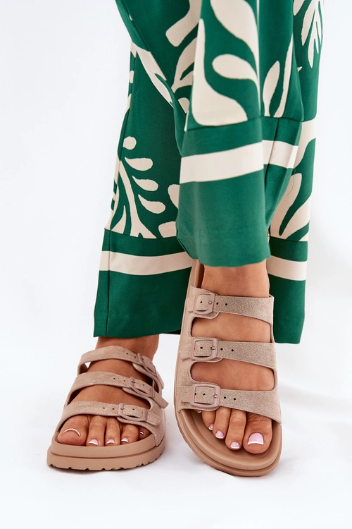 Klapki Damskie Z Paskami I Klamrami Beżowe Uliri