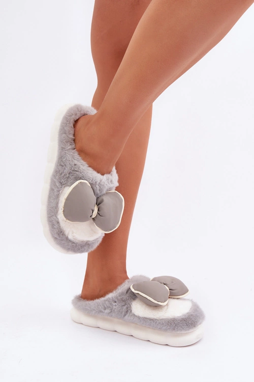 Futrzane Kapcie Z Kokardką Szare Grilis