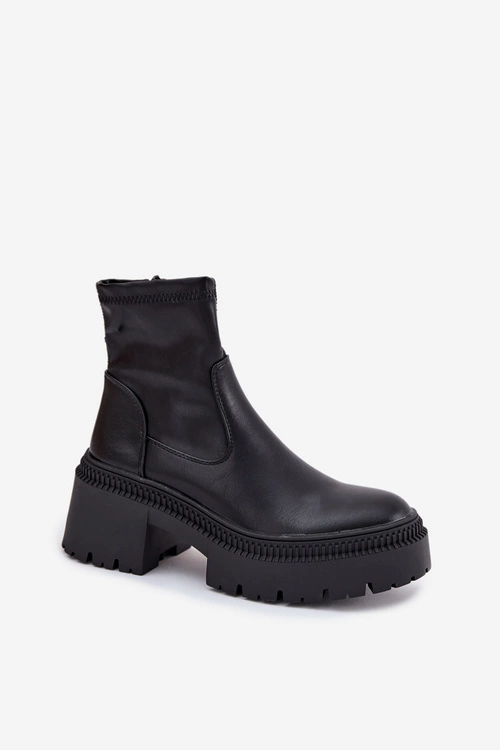 Botki Damskie Na Masywnym Obcasie I Platformie Eko Skórzane Czarne Elvianne