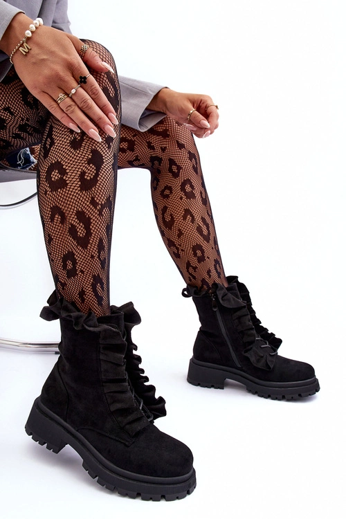 Zamszowe Ocieplane Botki Workery Na Płaskim Obcasie Czarne Nacelle