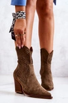Botki Kowbojki Ażurowe Na Słupku Khaki Caroline