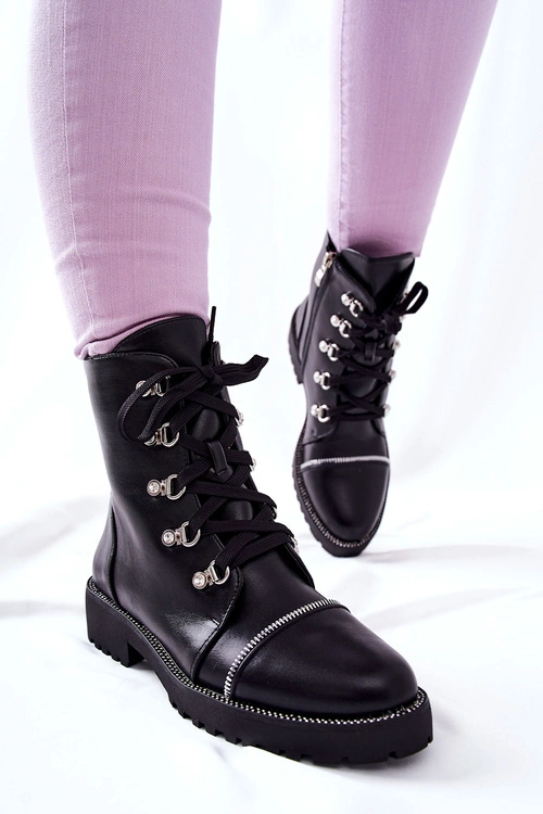 Klasyczne Skórzane Wiązane Botki Czarne Daiane