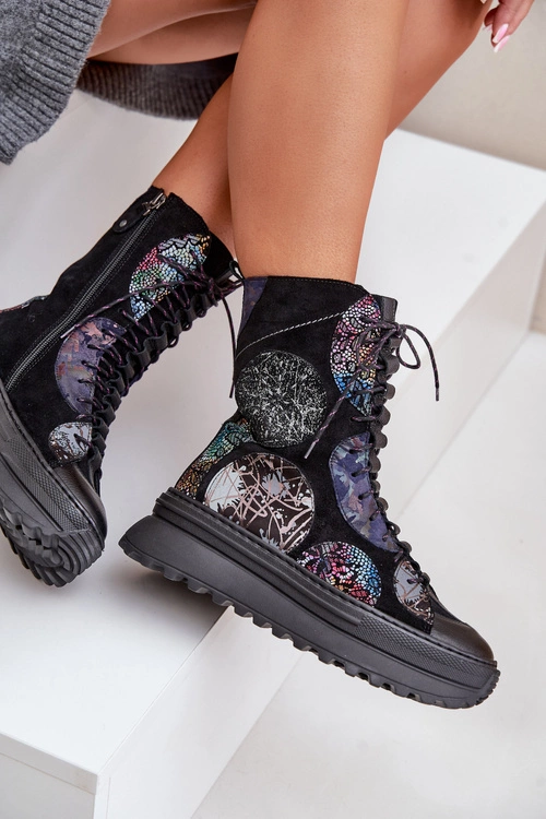 Skórzane Zamszowe Botki Na Platformie Ocieplane Maciejka 06565-01 Czarne