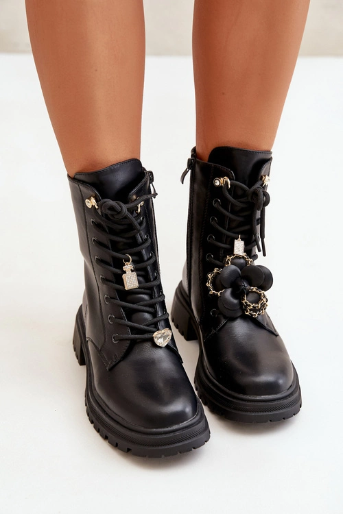 Eko Skórzane Botki Workery Damskie Z Przypinkami Czarne Rianael