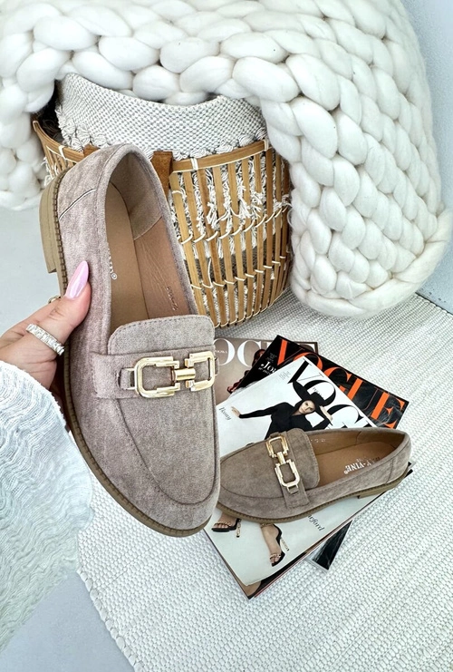 Zamszowe Mokasyny Damskie Na Płaskim Obcasie Ciemnobeżowe Misal