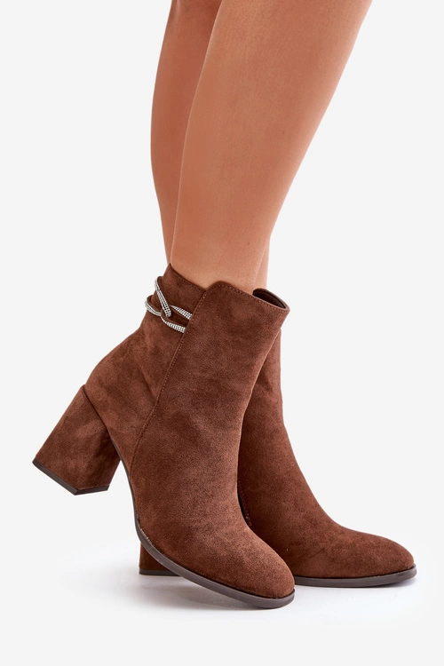 Ocieplane Botki Damskie Na Słupku Eko Zamszowe Brązowe Saivia