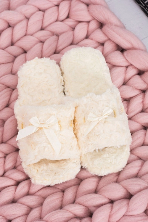 Damskie Klapki Domowe Beżowe Papcie ze Wstążką