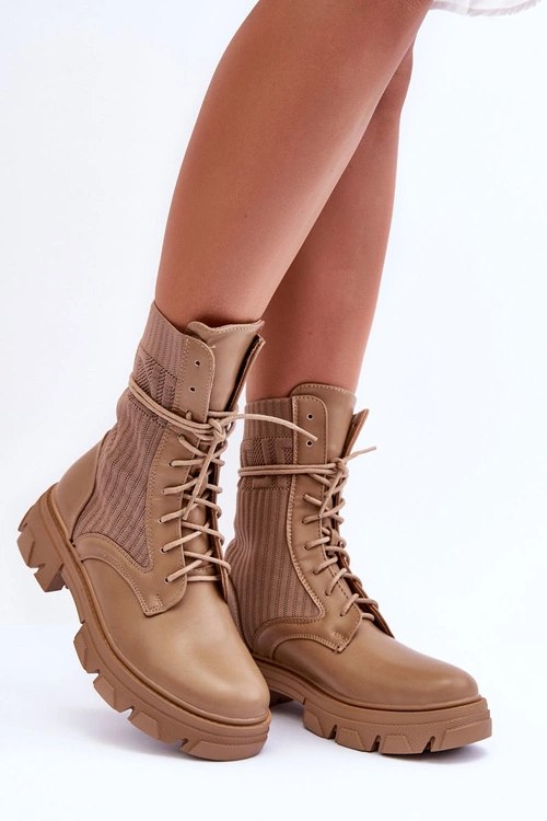 Damskie Botki Workery Sznurowane Ciemnobeżowe Marlissa